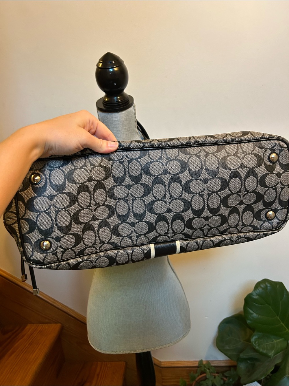 Coach Signature Large Tote in Gray with Black and Cream Stripe - Picture 3 of 9